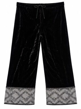 Chico’s Black Velvet Wide Leg Pants Size 2 Silk Blend Sheer Beaded Hem